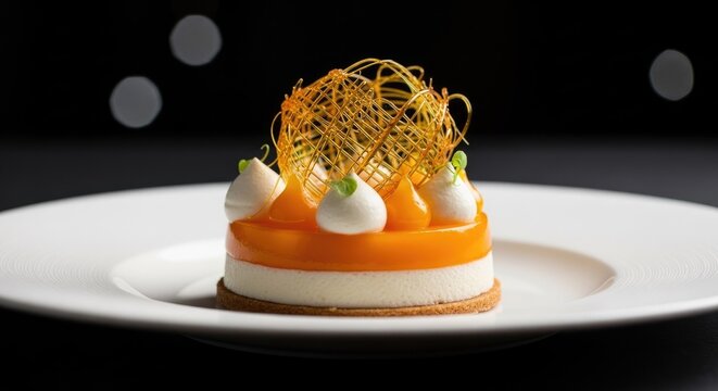 Gourmet orange tart with spun sugar globe