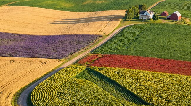 Aerial View of Colorful Patchwork Agricultural Fields and Farmhouse in Countryside