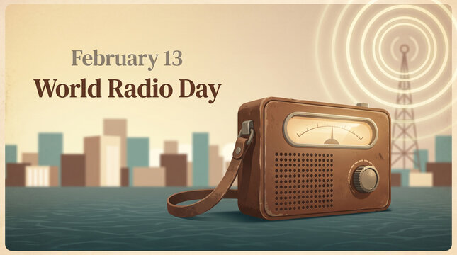 World Radio Day February 13 vintage radio illustration with city skyline and transmission tower