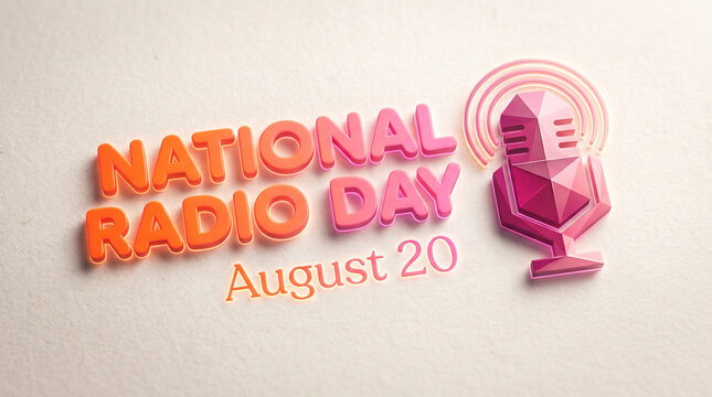National Radio Day August 20 text with 3D polygonal microphone illustration on textured background
