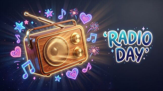 Retro wooden radio with glowing neon musical notes and 'Radio Day' text on dark background