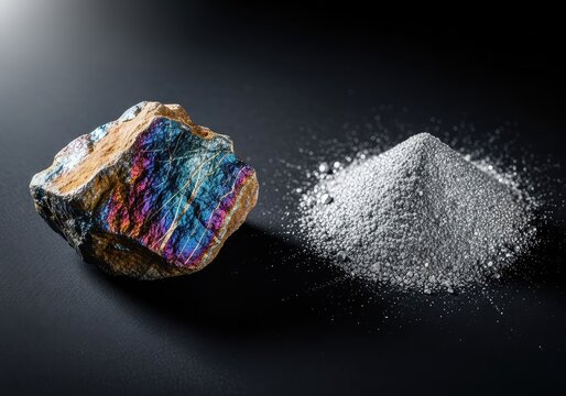 Macro view of raw mineral ore and refined metallic powder on a dark background, showing the critical industrial supply of rare earth metals, cerium, powder, mining