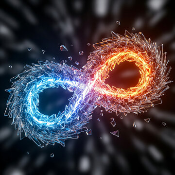 Infinity symbol made of fire and ice. Abstract eternal loop with glowing hot and cold energy.