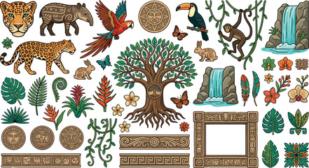 Ancient Maya jungle wildlife vector elements set featuring jaguar macaw monkey tree of life and waterfalls © Monirul