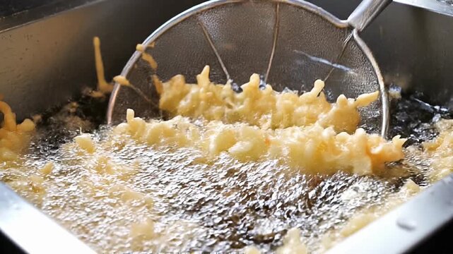 Close up shot of golden crispy tempura batter frying in boiling hot oil in a metal container. A stainless steel mesh strainer is used to scoop the fried food.