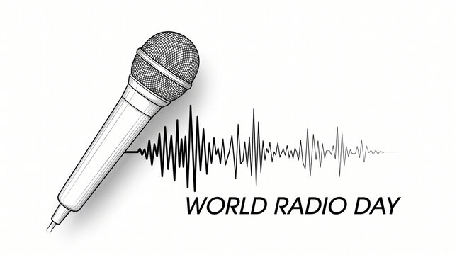 World Radio Day illustration with microphone and sound wave on white background