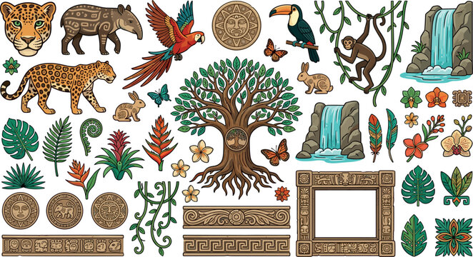 Ancient Maya jungle wildlife vector elements set featuring jaguar macaw monkey tree of life and waterfalls