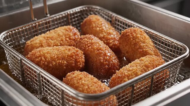 Close up view of crispy breaded snacks frying in a deep fryer. The golden brown food is immersed in bubbling hot oil inside a metallic mesh basket in a kitchen setting.