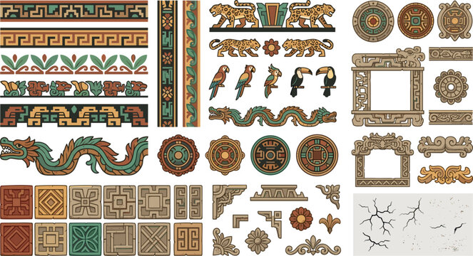 Ancient Maya ornamental borders vector elements set featuring ethnic geometric patterns dragon artifacts and stone reliefs