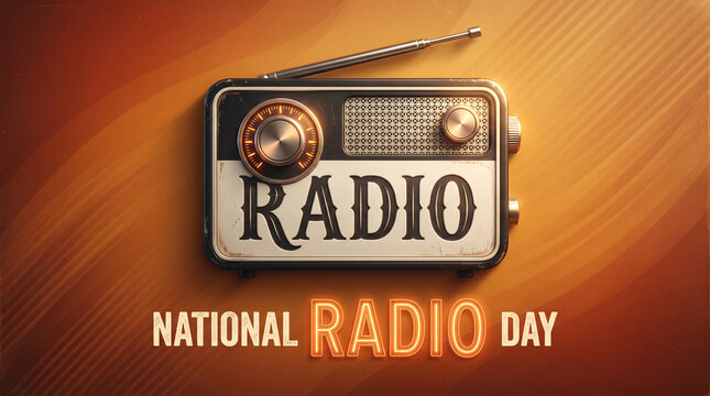 Retro radio with 'National Radio Day' text on an orange gradient background, top-down view