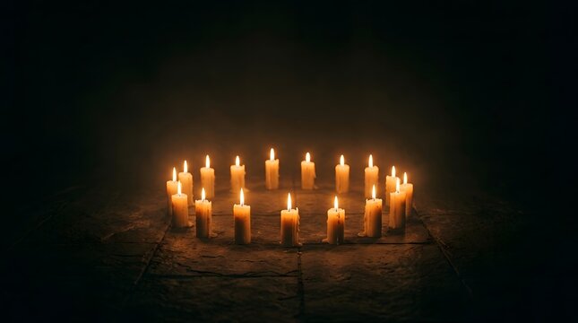 Circular arrangement of glowing candles in darkness, creating a ritualistic and mysterious atmosphere.