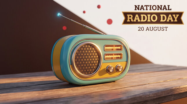 Retro radio illustration on wooden table for National Radio Day on August 20th with warm light