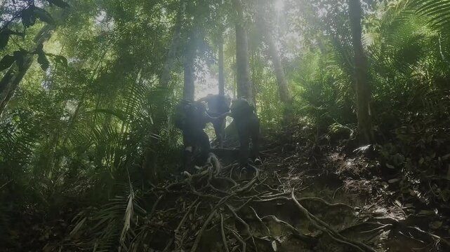     Trekkers climb a steep rainforest trail tangled with exposed tree roots in Gunung Leuser National Park, North Sumatra. Challenging section of a Bukit Lawang orangutan trekking adventure.