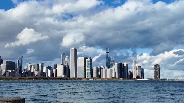 Chicago city cityscape. Cityscape skyline with skyscraper building. Skyline architecture. Chicago city with cloudy sky. Skyline of Chicago city downtown. Skyscraper architecture. Lake Michigan