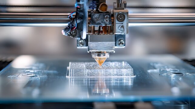 3d printer depositing molten plastic through nozzle onto build platform inside clear enclosure, isolated on transparent background