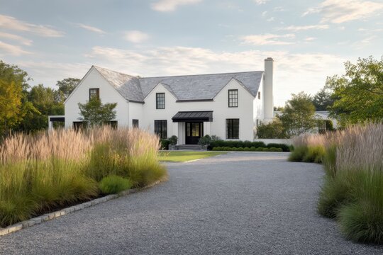 A contemporary home featuring a lovely garden, nestled in a tranquil neighborhood, perfectly captures the serene beauty of early morning