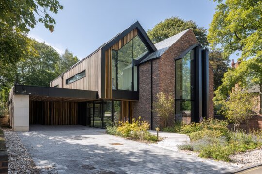 A contemporary home featuring expansive windows and an original architectural form, nestled within a vibrant green landscape under bright daylight