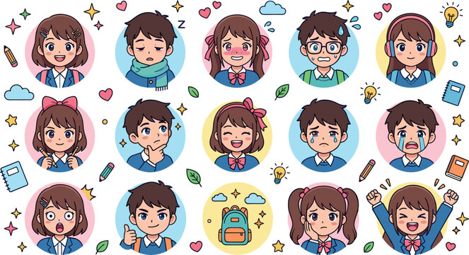 Cute anime school children emoji stickers vector set featuring student characters showing various emotional facial expressions