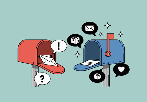 Two mailboxes receiving various communications, including letters, packages, and feedback icons, ideal for postal services, e-commerce logistics and communication concepts.