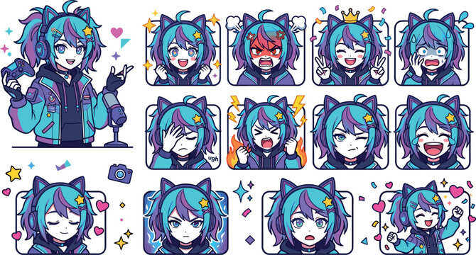Cute cyber gamer vtuber girl emotes vector set with cat ear headphones showing various emotional expressions