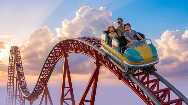 Family riding roller coaster with excited expressions against a dramatic sky at sunset