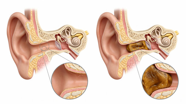 Medical illustration comparing a normal human ear canal with an ear canal blocked by impacted earwax cerumen