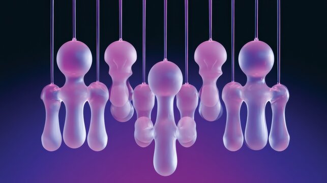 Frosted puppets hang from strings in a row. Dark purple gradient fills the background. A remote control theme is evident.