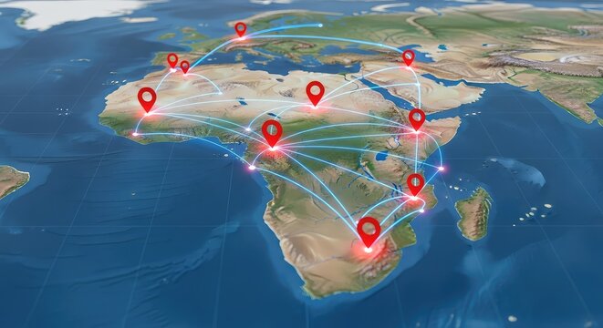 A detailed geographical map of a large continental landmass features several red marker pins connected by thin glowing digital lines, corporate, travel, navigation
