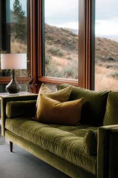 A warm and inviting green sofa is nestled close to expansive windows, offering stunning views of a picturesque natural landscape bathed in gentle, soft light