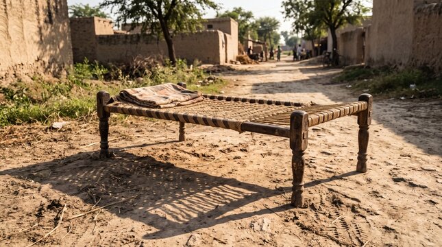 Traditional Wooden Charpai Bed Outdoors in a Dusty Village Street.