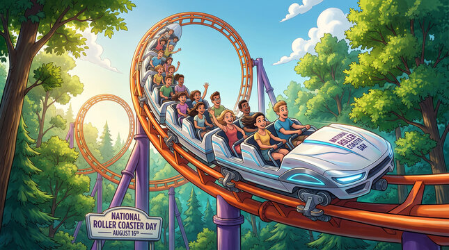 Cartoon illustration of people riding a roller coaster through a forest on National Roller Coaster Day with bright daylight