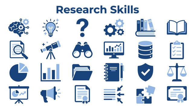 Set of research and analysis icons representing data investigation academic study problem solving and professional information gathering skills