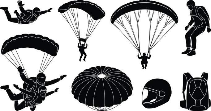 Extreme Skydiving and Paragliding Silhouette Icon Set with Skydivers, Parachutes, Tandem Jumpers, Helmet, and Backpack Equipment Vector Graphics