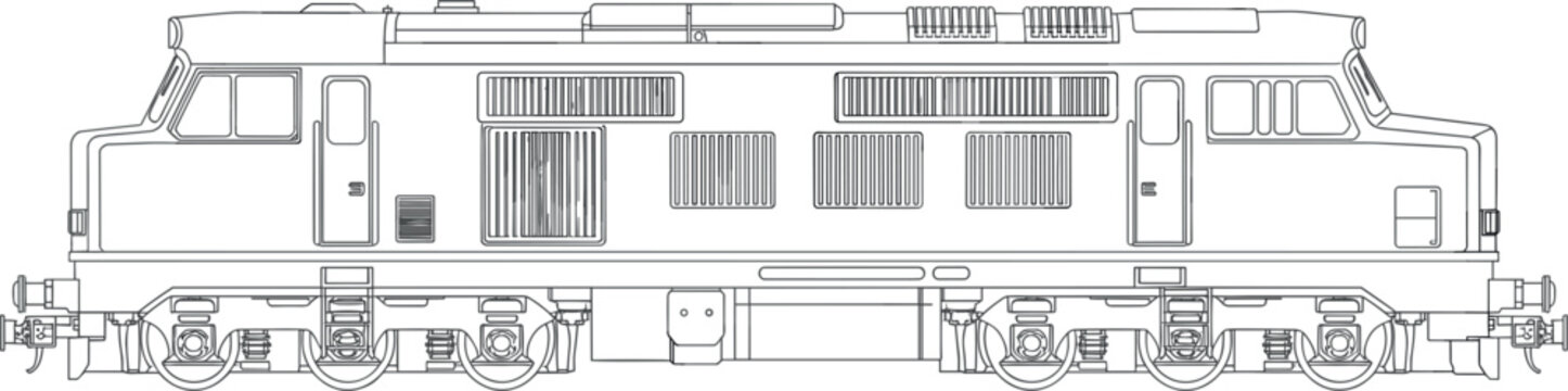 Outline vector illustration of vintage diesel locomotive, side view blueprint of classic heavy cargo freight train