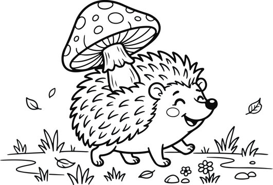 Cute cartoon hedgehog walking with a mushroom on its back black and white line art coloring page