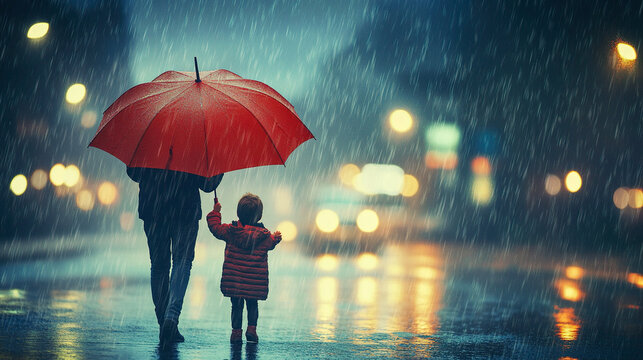 Silhouette of adult and child under red umbrella walking in rain at night. Concept of family protection and care.