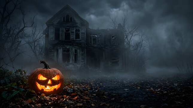 Abandoned haunted house surrounded by fog and darkness with a glowing pumpkin near the entrance.