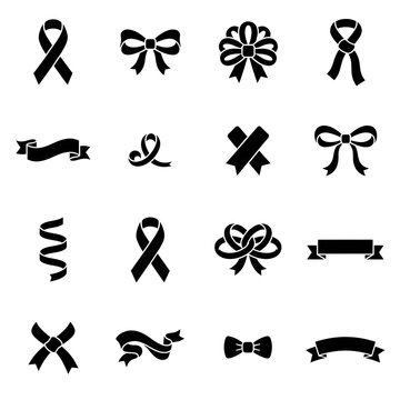 A collection of black ribbon and bow icons designed for breast cancer awareness month projects featuring various decorative styles for medical campaigns and charity event designs
