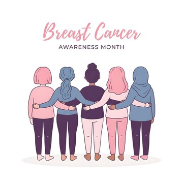 Diverse group of women standing together with arms around each other for breast cancer awareness month to show support and unity in the medical campaign