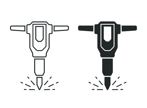 Minimal jackhammer icons set, outline and soild. Representing demolition, construction and heavy equipment. Perfect for engineering, road repair, industrial projects, mobile apps, technical interfaces