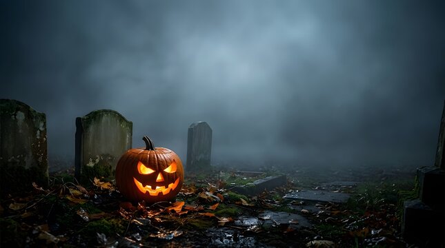 Glowing pumpkin in a foggy graveyard with tombstones fading into mist, creating a chilling Halloween scene.