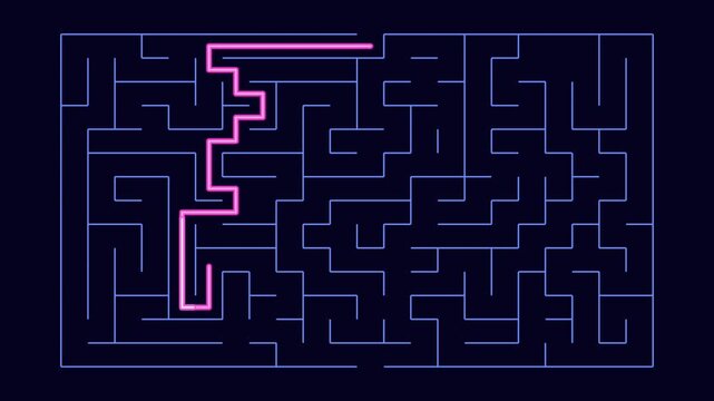 Neon maze path tracing through dark labyrinth with animated trail, progressing, top down, neon glow