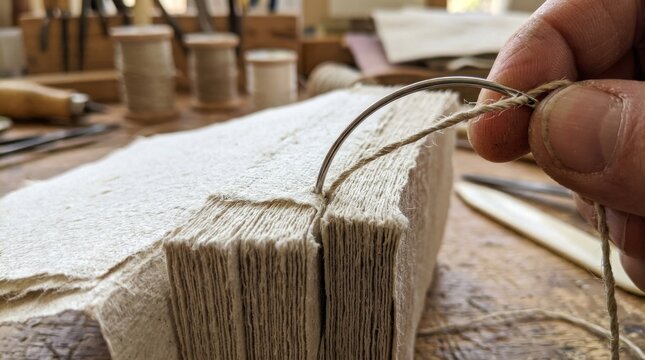 A hand ties a rope to a metal ring on a wooden block.