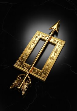 An elegant gold arrow with a classic decorative frame, presented on a dark black surface, creating a high-end and luxurious aesthetic, metallic, smooth, fancy