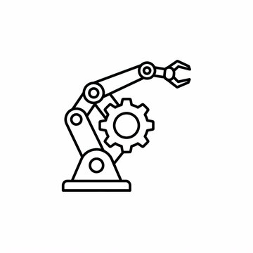 Industrial robotic arm with gear mechanical manufacturing automation line icon