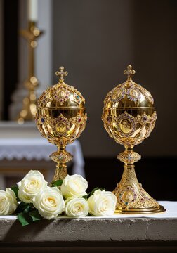 An ornate golden chalice and matching ciborium sit upon a stone altar adorned with white roses during a solemn religious sacrament scene, roses, religious, bloom
