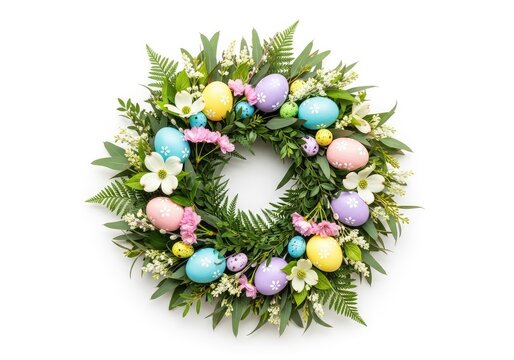 Beautiful spring floral wreath featuring pastel easter eggs and green foliage arranged on a clean white background for a festive look, bright, yellow, colorful