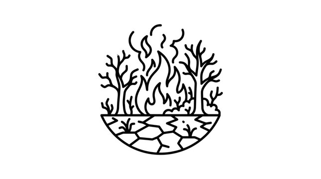 Elegant Black and White Forest Fire in a Bowl with Burning Trees and Cracked Ground with high quality professional line art symbols for modern creative design and digital branding projects