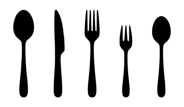 Spoon Knife Fork Cutlery Utensils Silhouette Vector Icons Collection Isolated on White Background