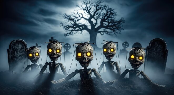 Eerie wooden marionettes with cracked faces and glowing eyes rise from a misty graveyard during a dark and spooky Halloween night scene, creature, carved, spirit